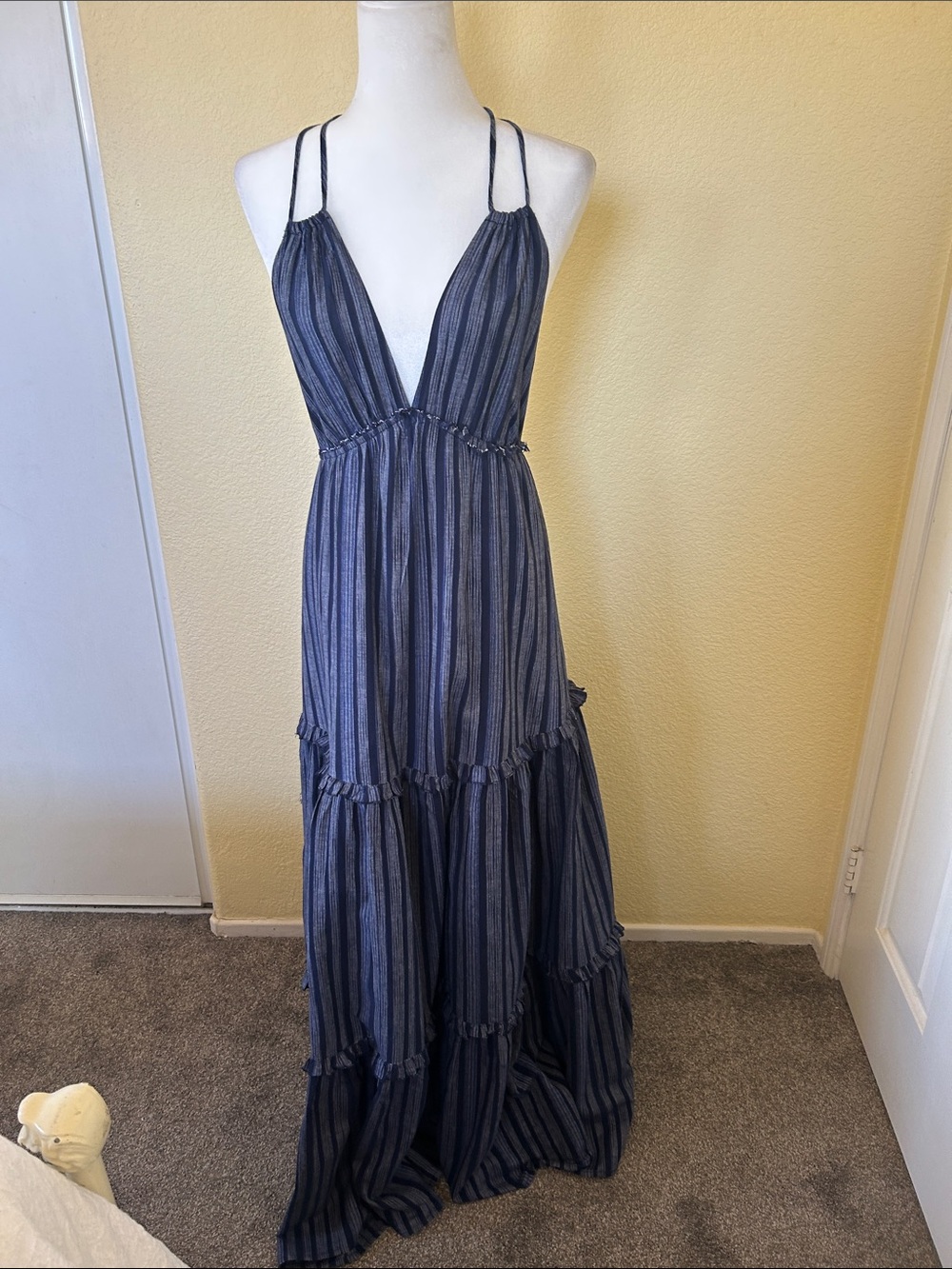 Lulu's Navy Striped Plunge V-Neck Maxi Dress